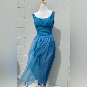 Vtg 1960s JEAN ALLEN London Teal Chiffon Formal Gown Sz 36 As Is